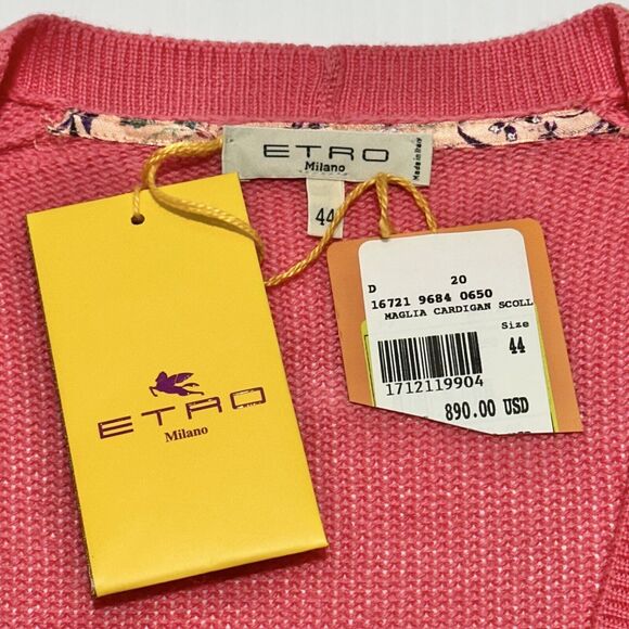 ETRO Milano 44 US 8 Cardigan Sweater Pink Salmon V-Neck Button Front NWT $890 - Picture 5 of 8